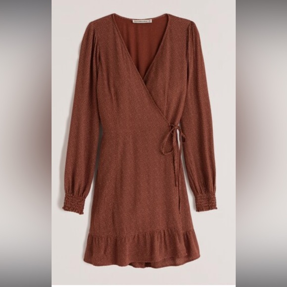 Abercrombie brown polka dot smocked cuff ruffle hem wrap dress XSP - Picture 1 of 7